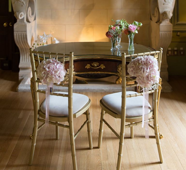 Altar Chairs with Pink Hydrangea Floral Decor