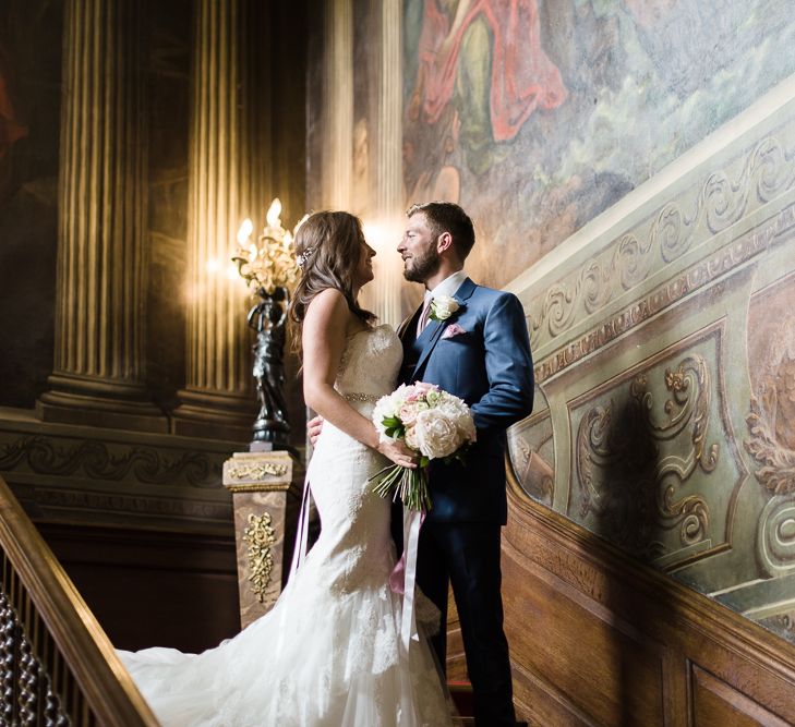 Bride & Groom Staircase Portrait at Fetcham Park in Surrey