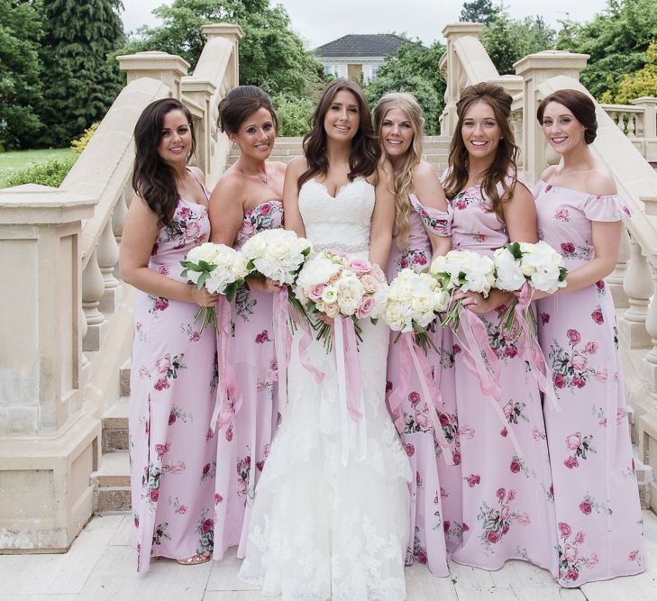 Bridal Party | Bridesmaids in Pink Floral Bespoke ASOS Dress | Bride in Enzoani Gown