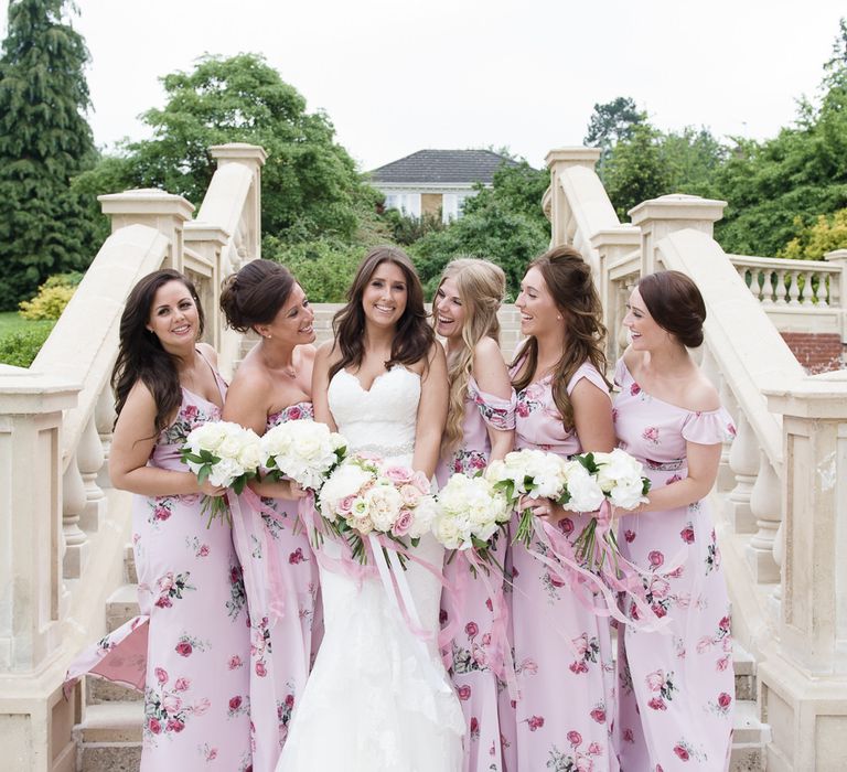 Bridal Party | Bridesmaids in Pink Floral Bespoke ASOS Dress | Bride in Enzoani Gown