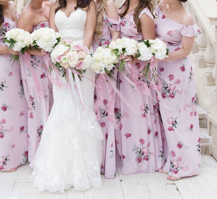 Bridal Party | Bridesmaids in Pink Floral Bespoke ASOS Dress | Bride in Enzoani Gown