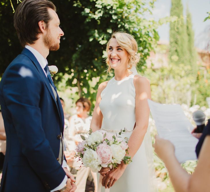 Bride in Sarah Seven Orleans Gown | Outdoor Italian Wedding Ceremony at Borgo Petrognano Planned by Tuscan Wedding Planners | Frances Sales Photography