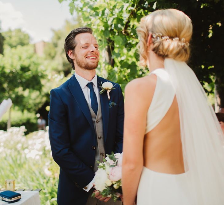 Bride in Sarah Seven Orleans Gown | Outdoor Italian Wedding Ceremony at Borgo Petrognano Planned by Tuscan Wedding Planners | Frances Sales Photography