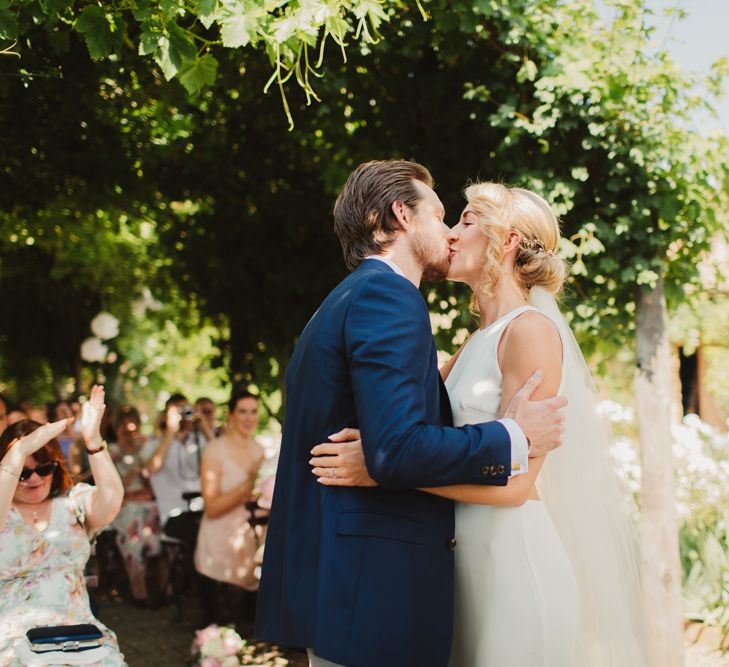 Bride in Sarah Seven Orleans Gown | Outdoor Italian Wedding Ceremony at Borgo Petrognano Planned by Tuscan Wedding Planners | Frances Sales Photography