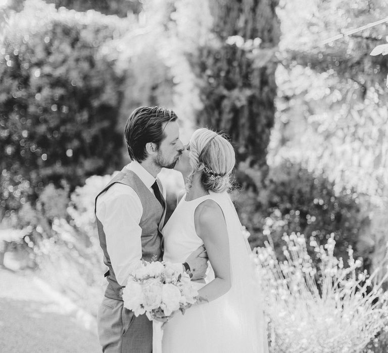 Bride in Sarah Seven Orleans Gown | Groom in Grey & Navy Suit | Frances Sales Photography