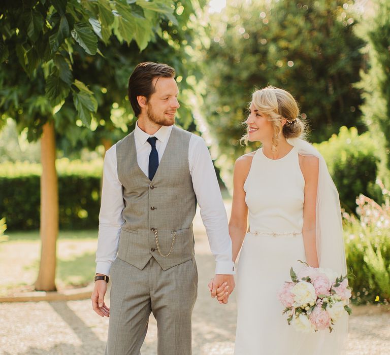 Bride in Sarah Seven Orleans Gown | Groom in Grey & Navy Suit | Frances Sales Photography