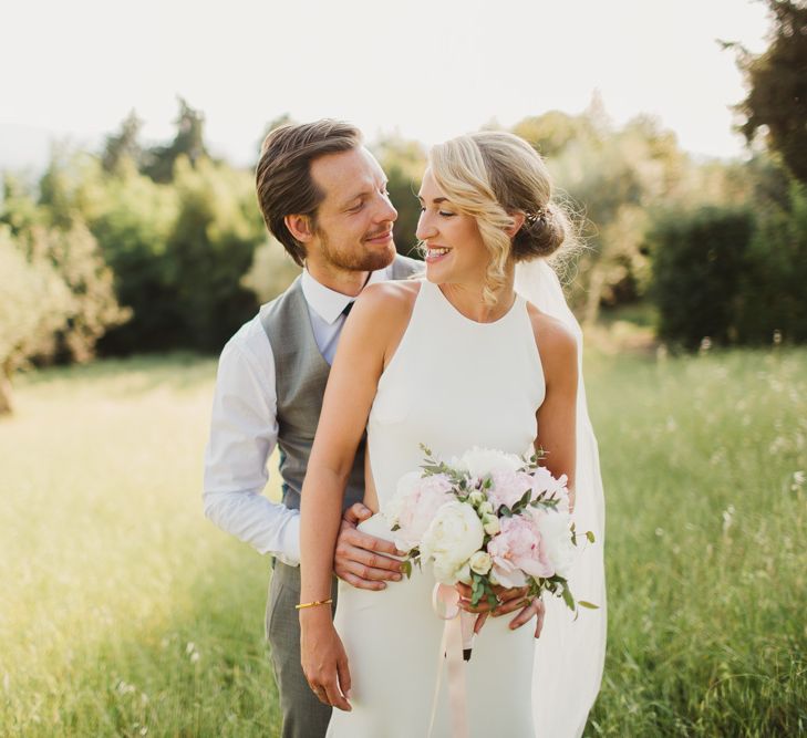 Bride in Sarah Seven Orleans Gown | Groom in Grey & Navy Suit | Frances Sales Photography