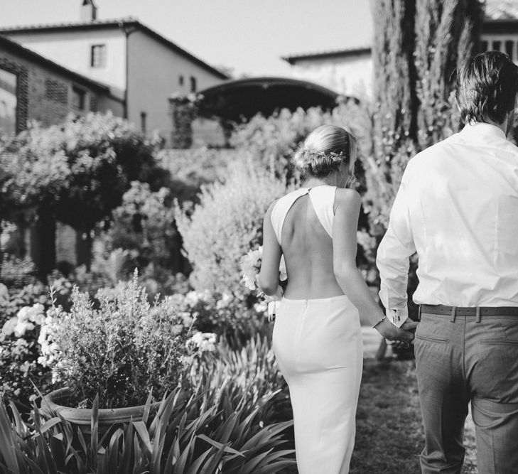 Bride in Backless Sarah Seven Orleans Gown | Groom in Grey & Navy Suit | Frances Sales Photography