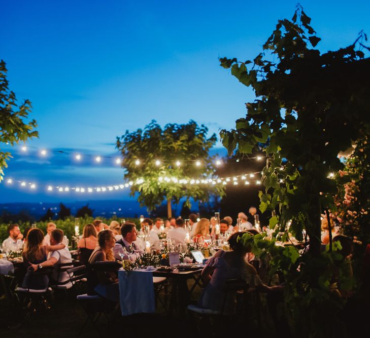 Festoon Lights | Al Fresco Dining | Outdoor Italian Wedding at Borgo Petrongnano | Frances Sales Photography