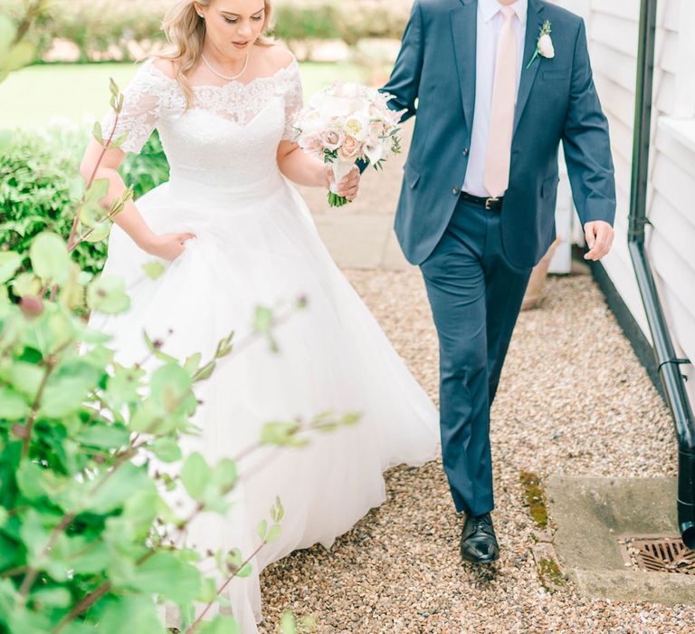 Bride In Bardot Neck Gown By Charlotte Balbier | Rustic Pastel Wedding At Blake Hall | Images By Matt Ethan Photography