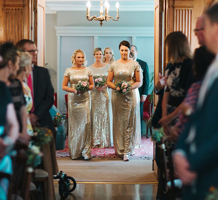 Bridesmaids in Gold Sequin Dresses