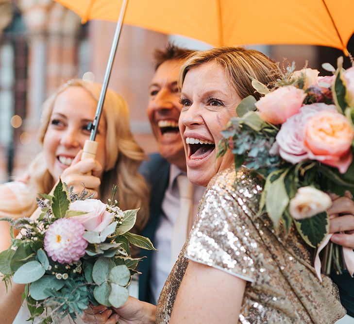 Gold Sequin Dresses & Peach Bouquets