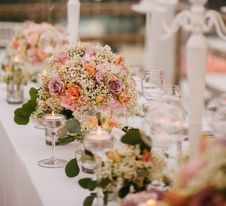 White Candelabra & Blush Pink Flower Table Centrepieces