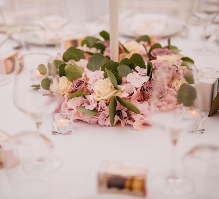 White Candelabra & Blush Pink Flower Table Centrepieces