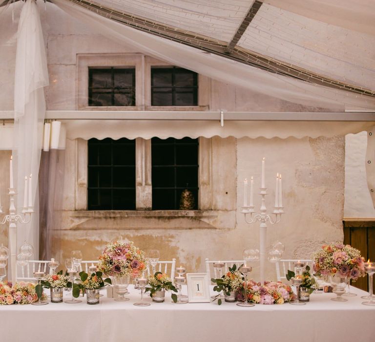 White Candelabra & Blush Pink Flower Top Table Decor