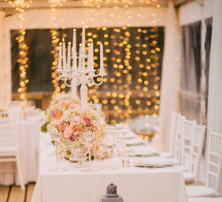 Blush Pink & White Reception with Fairy Light Back Drop