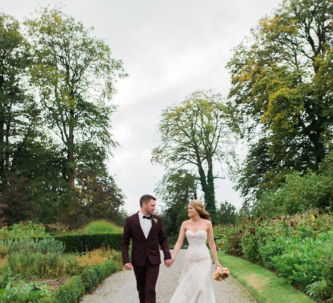 Bride in Lace Sweetheart Neckline Dress | Groom in Burgundy Suit | Kathy Silke Photography