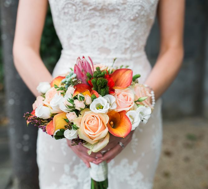 Lily & Rose Bouquet | Bride in Lace Sweetheart Neckline Dress | Kathy Silke Photography