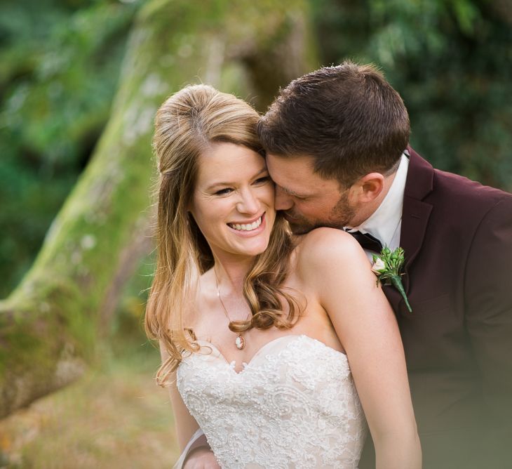 Bride in Lace Sweetheart Neckline Dress | Groom in Burgundy Suit | Kathy Silke Photography