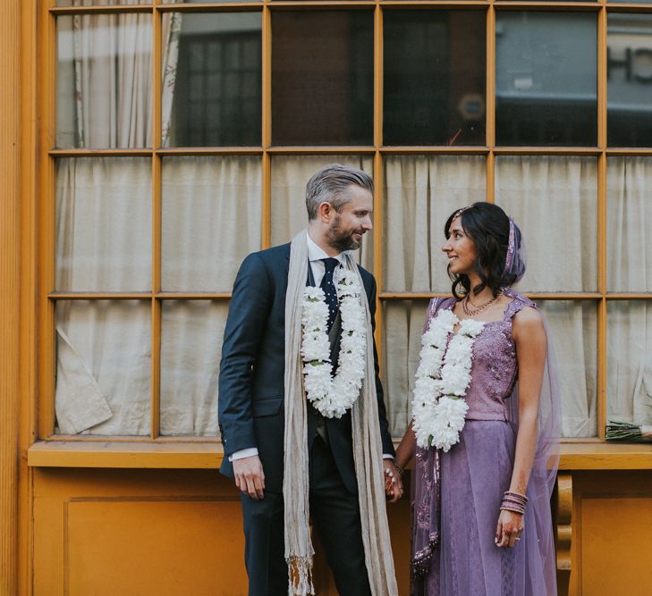 Bride In Lavender Sari & Groom In Reiss Suit