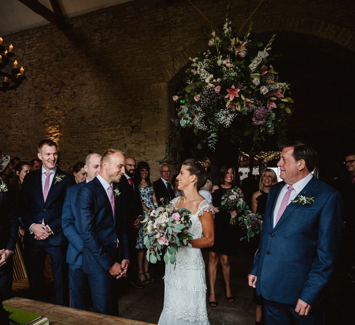 Wedding Ceremony | Bride in Claire Pettibone Bridal Gown | Groom in Navy Suit | Lilac & Navy Rustic Wedding at Stone Barn, Cotswolds | Frankee Victoria Photography