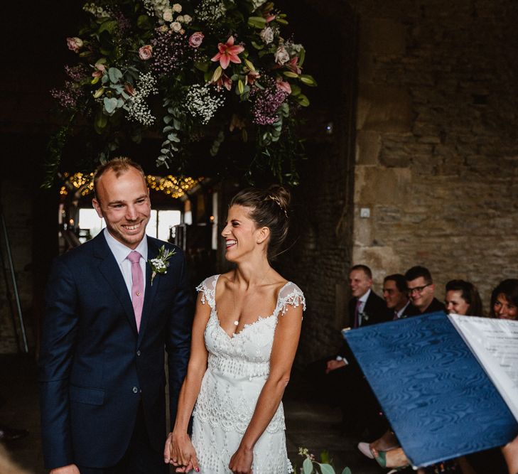 Wedding Ceremony | Bride in Claire Pettibone Wedding Dress | Groom in Navy Suit | Lilac & Navy Rustic Wedding at Stone Barn, Cotswolds | Frankee Victoria Photography