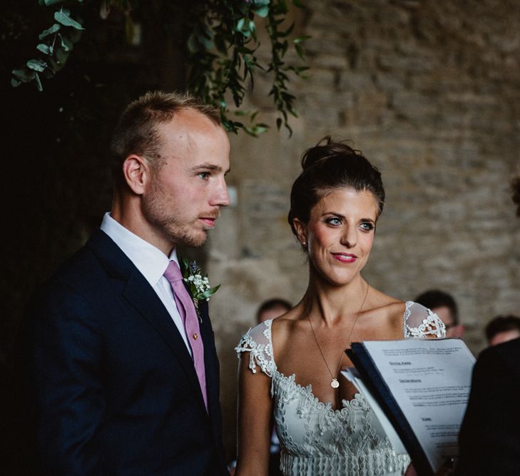 Wedding Ceremony | Bride in Claire Pettibone Bridal Gown | Groom in Navy Suit | Lilac & Navy Rustic Wedding at Stone Barn, Cotswolds | Frankee Victoria Photography