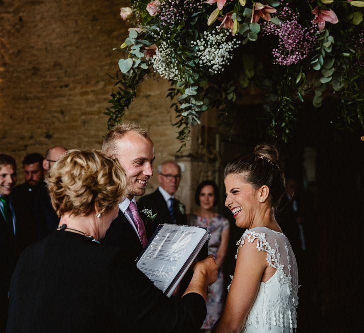 Wedding Ceremony | Bride in Claire Pettibone Wedding Dress | Groom in Navy Suit | Lilac & Navy Rustic Wedding at Stone Barn, Cotswolds | Frankee Victoria Photography