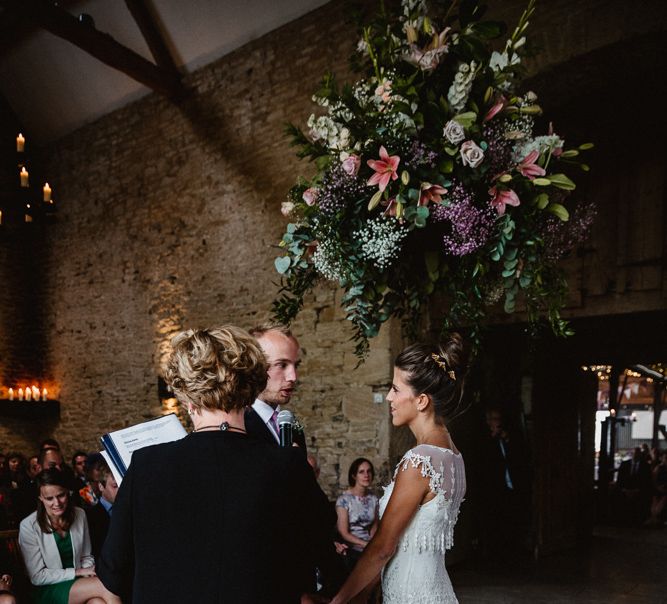 Wedding Ceremony | Bride in Claire Pettibone Bridal Gown | Groom in Navy Suit | Lilac & Navy Rustic Wedding at Stone Barn, Cotswolds | Frankee Victoria Photography