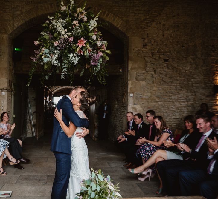 Wedding Ceremony | Bride in Claire Pettibone Wedding Dress | Groom in Navy Suit | Lilac & Navy Rustic Wedding at Stone Barn, Cotswolds | Frankee Victoria Photography