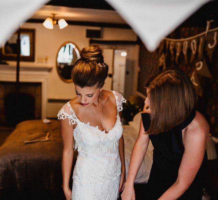 Bride in Claire Pettibone Wedding Dress | Lilac & Navy Rustic Wedding at Stone Barn, Cotswolds | Frankee Victoria Photography