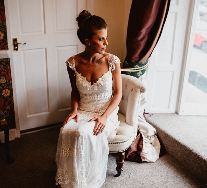 Bride in Claire Pettibone Wedding Dress | Lilac & Navy Rustic Wedding at Stone Barn, Cotswolds | Frankee Victoria Photography