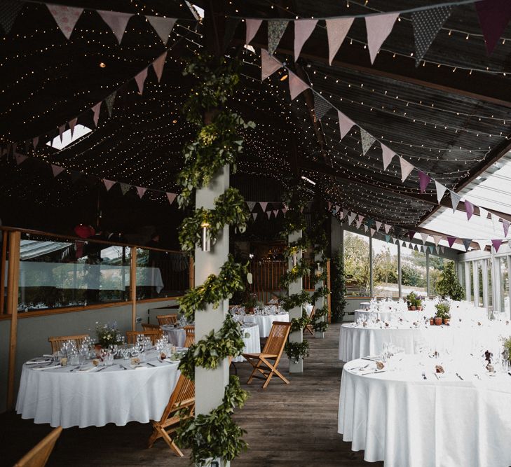 Fairy Lights & Bunting Reception | Lilac & Navy Rustic Wedding at Stone Barn, Cotswolds | Frankee Victoria Photography