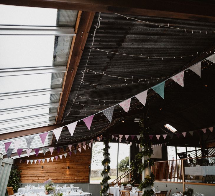 Fairy Lights & Bunting Wedding Decor | Lilac & Navy Rustic Wedding at Stone Barn, Cotswolds | Frankee Victoria Photography