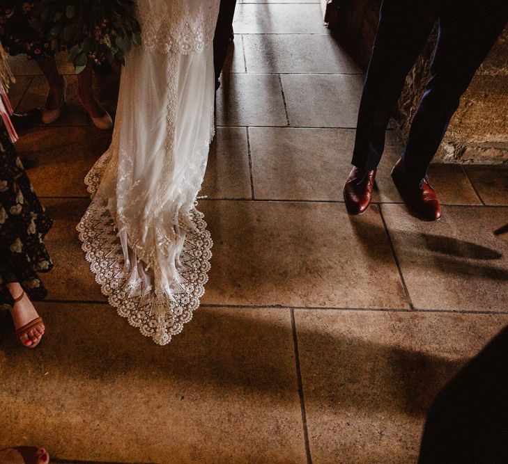 Claire Pettibone Lace Gown Train | Lilac & Navy Rustic Wedding at Stone Barn, Cotswolds | Frankee Victoria Photography