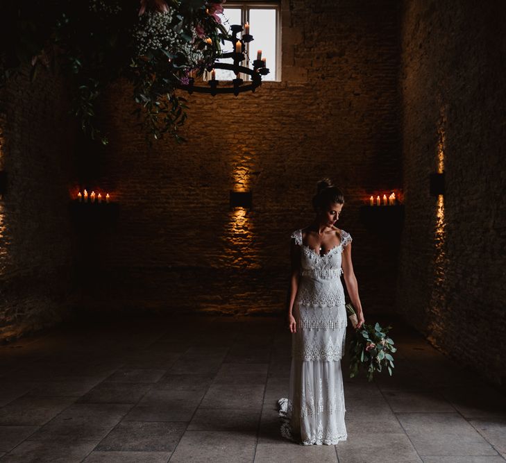 Bride in Claire Pettibone Wedding Dress | Lilac & Navy Rustic Wedding at Stone Barn, Cotswolds | Frankee Victoria Photography