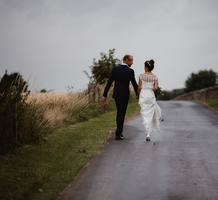 Bride in Claire Pettibone Wedding Dress | Groom in Navy Suit | Lilac & Navy Rustic Wedding at Stone Barn, Cotswolds | Frankee Victoria Photography