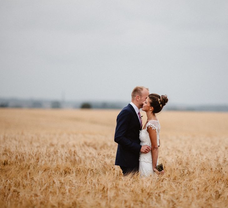 Bride in Claire Pettibone Wedding Dress | Groom in Navy Suit | Lilac & Navy Rustic Wedding at Stone Barn, Cotswolds | Frankee Victoria Photography