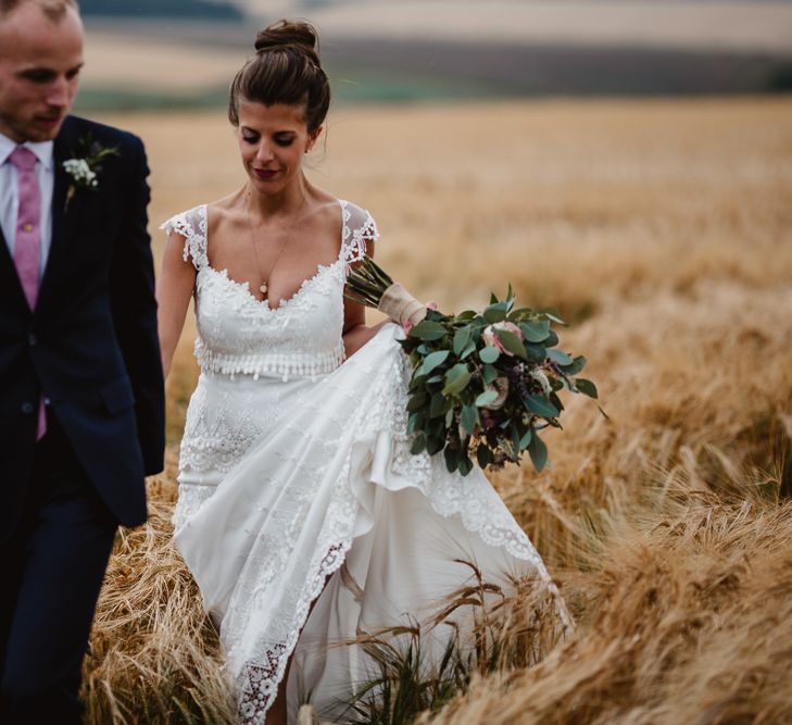 Bride in Claire Pettibone Bridal Gown | Groom in Navy Suit | Lilac & Navy Rustic Wedding at Stone Barn, Cotswolds | Frankee Victoria Photography