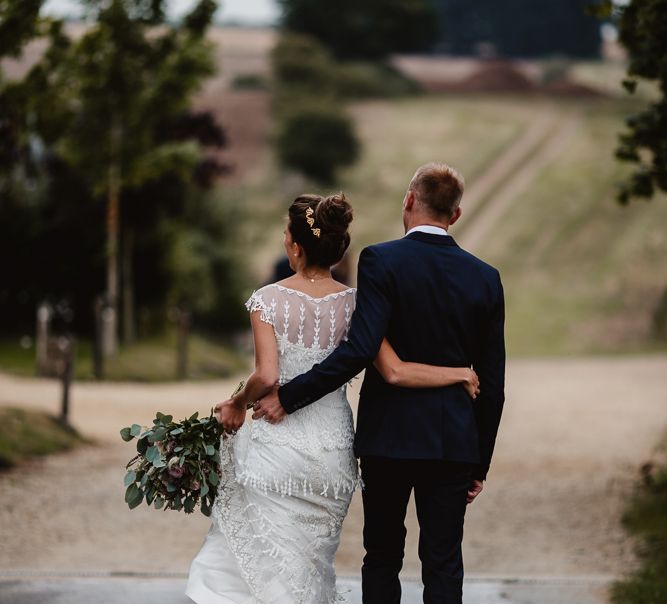 Bride in Claire Pettibone Bridal Gown | Groom in Navy Suit | Lilac & Navy Rustic Wedding at Stone Barn, Cotswolds | Frankee Victoria Photography