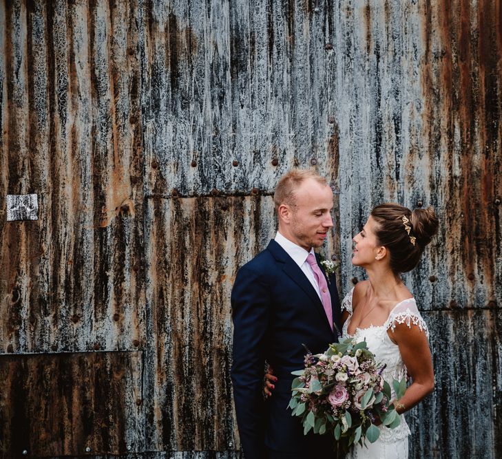 Bride in Claire Pettibone Bridal Gown | Groom in Navy Suit | Lilac & Navy Rustic Wedding at Stone Barn, Cotswolds | Frankee Victoria Photography