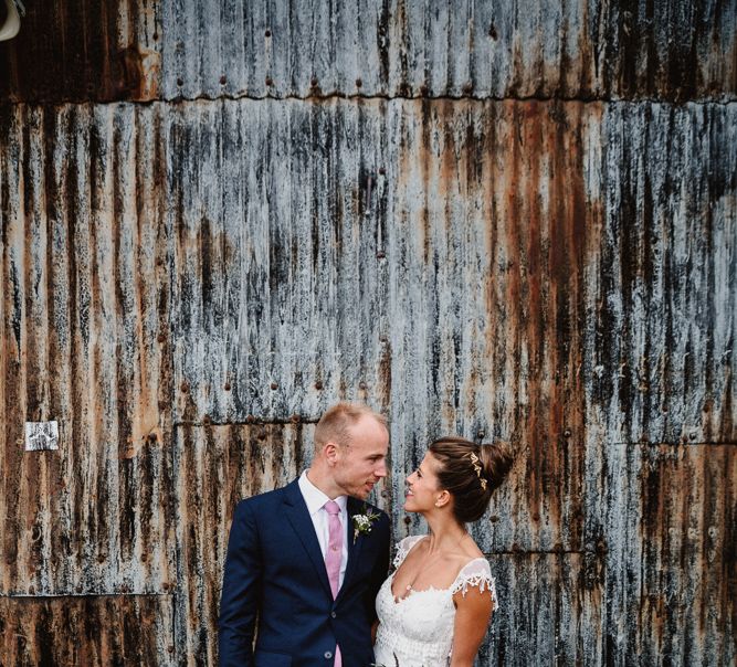 Bride in Claire Pettibone Wedding Dress | Groom in Navy Suit | Lilac & Navy Rustic Wedding at Stone Barn, Cotswolds | Frankee Victoria Photography