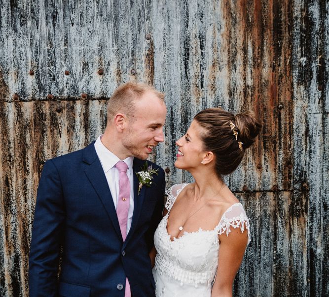 Bride in Claire Pettibone Wedding Dress | Groom in Navy Suit | Lilac & Navy Rustic Wedding at Stone Barn, Cotswolds | Frankee Victoria Photography