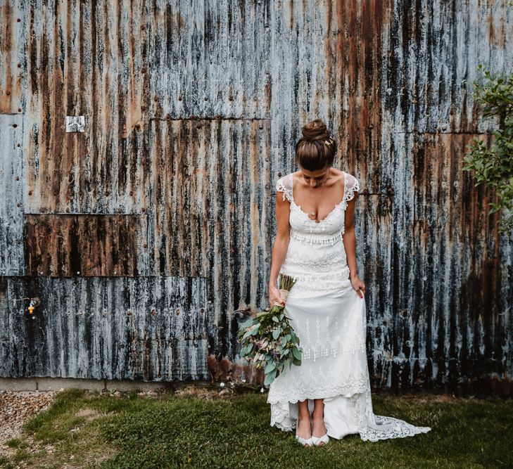 Bride in Claire Pettibone Wedding Dress | Lilac & Navy Rustic Wedding at Stone Barn, Cotswolds | Frankee Victoria Photography