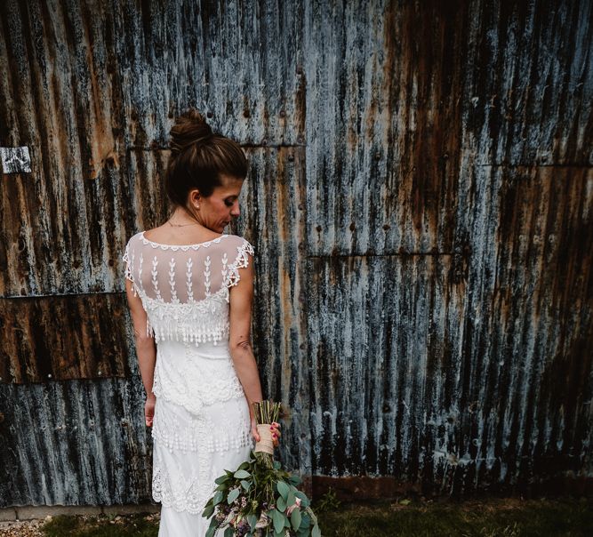 Bride in Claire Pettibone Wedding Dress | Lilac & Navy Rustic Wedding at Stone Barn, Cotswolds | Frankee Victoria Photography