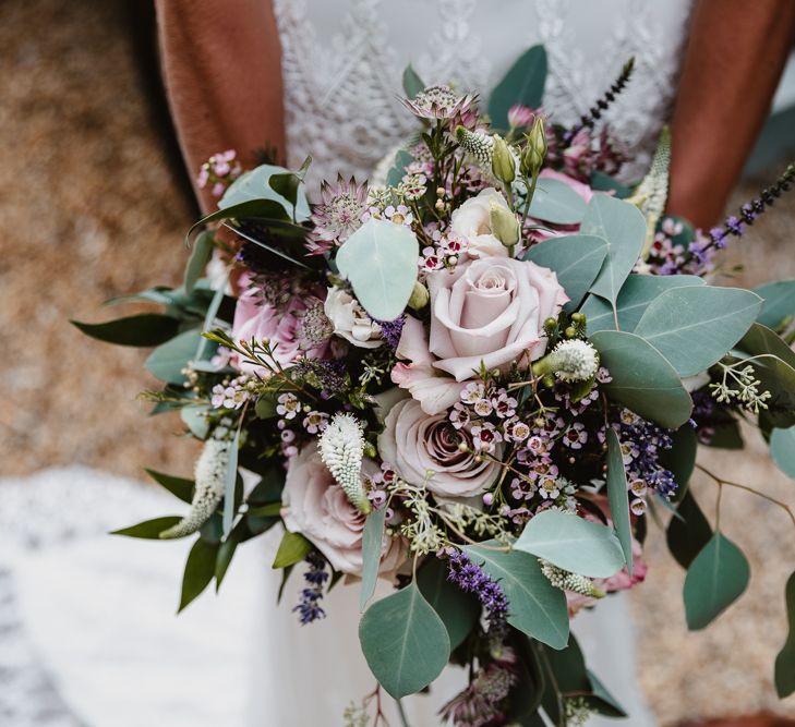 Purple Rose & Green Bridal Bouquet| Lilac & Navy Rustic Wedding at Stone Barn, Cotswolds | Frankee Victoria Photography