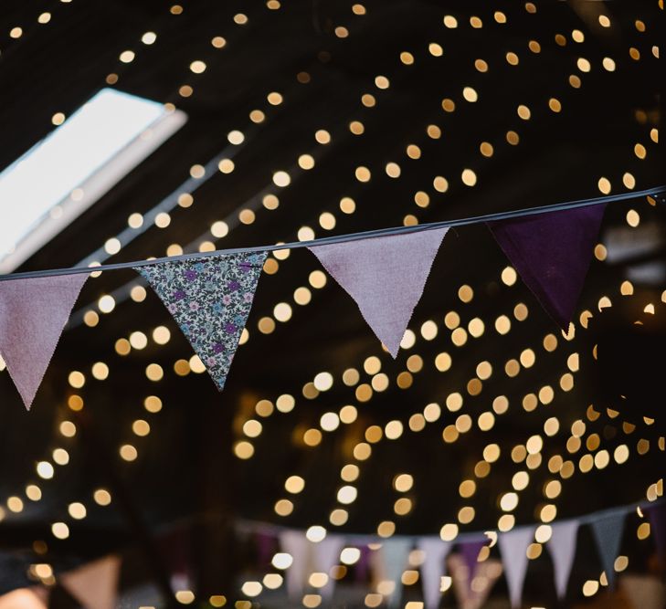 Fairy Lights & Bunting Wedding Decor | Lilac & Navy Rustic Wedding at Stone Barn, Cotswolds | Frankee Victoria Photography