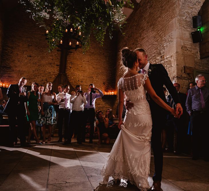 First Dance | Bride in Claire Pettibone Wedding Dress | Groom in Navy Suit | Lilac & Navy Rustic Wedding at Stone Barn, Cotswolds | Frankee Victoria Photography