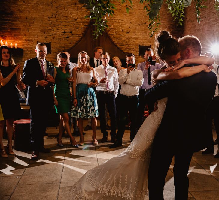 First Dance | Bride in Claire Pettibone Bridal Gown | Groom in Navy Suit | Lilac & Navy Rustic Wedding at Stone Barn, Cotswolds | Frankee Victoria Photography