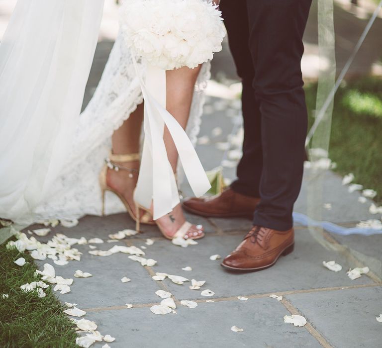 White Peony Bouquet | Bride in Grace Loves Lace Wedding Dress | Groom in Tuxedo | Lemonade Pictures